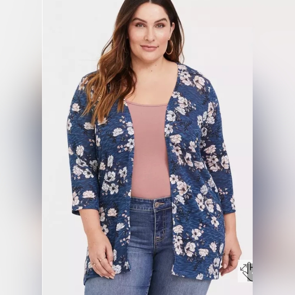 Torrid Womens 4X Cardigan Open Front Teal Blue Floral Kimono Topper Boho